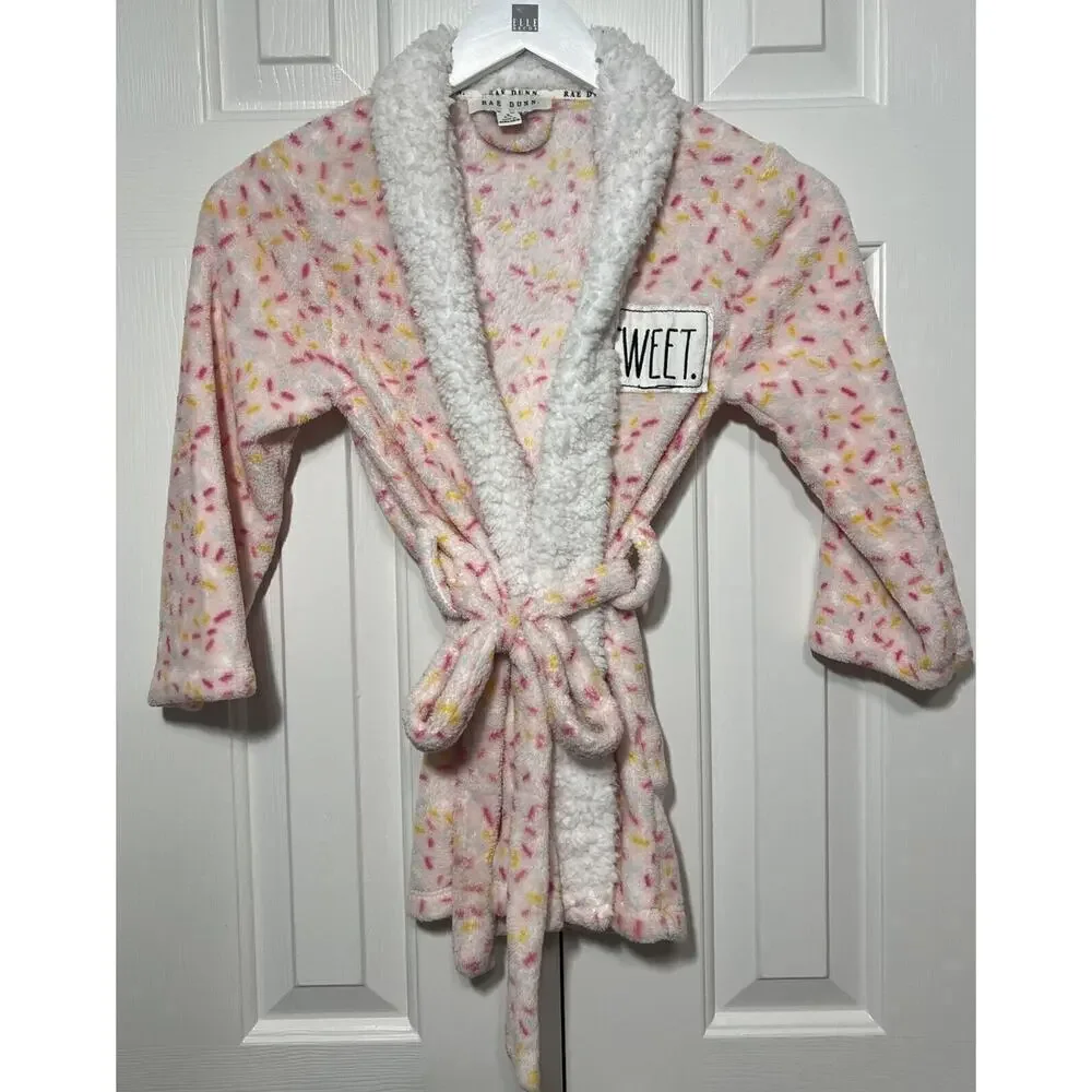 Rae Dunn Kids Girls Sprinkle Print Plush‎ Robe Size S 5/6 Pink White Sweet